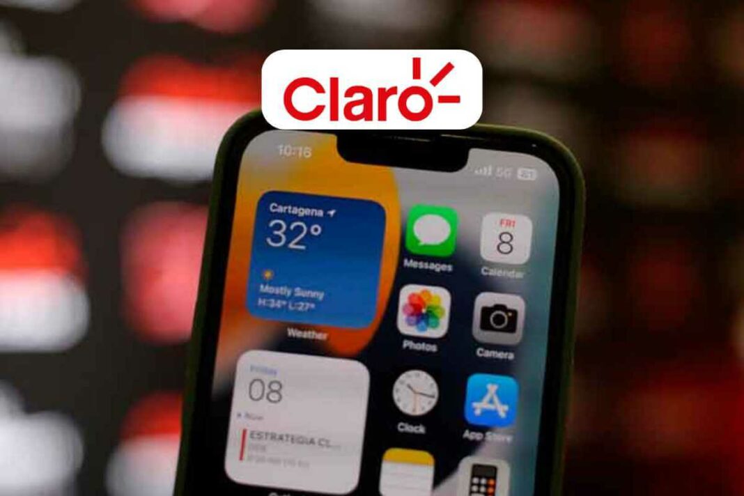 Smartphone with weather app displayed, Claro logo visible.