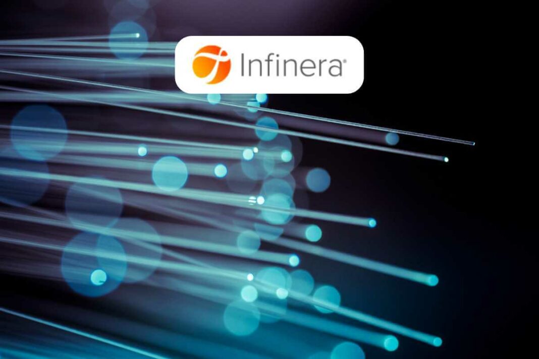 Infinera logo with optical fiber technology background.