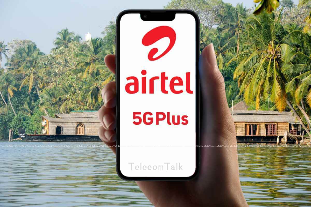 Smartphone screen displaying Airtel 5G Plus ad, tropical backdrop.