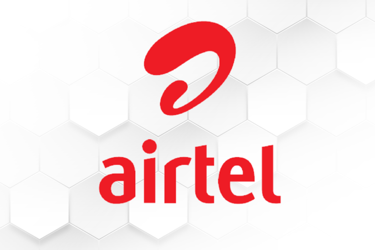Airtel logo on white hexagonal pattern background.