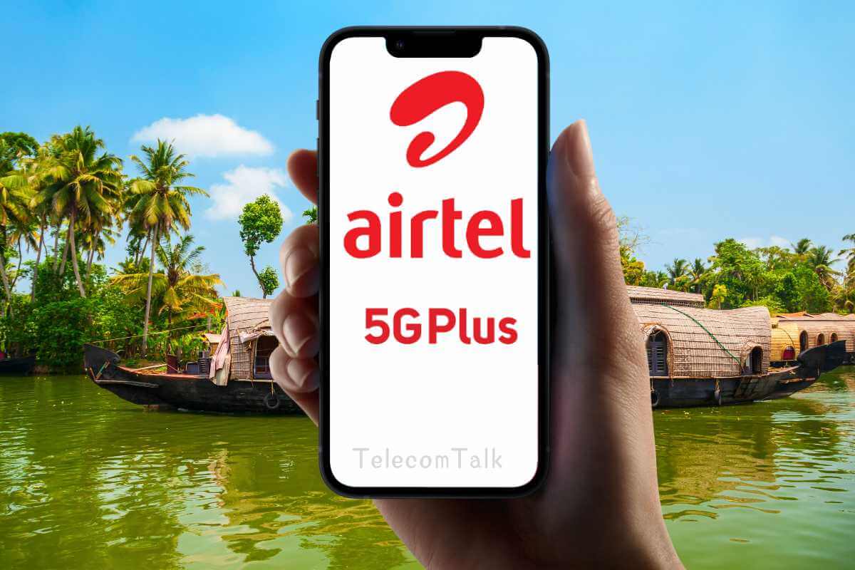 Hand holding smartphone with Airtel 5G Plus advertisement.