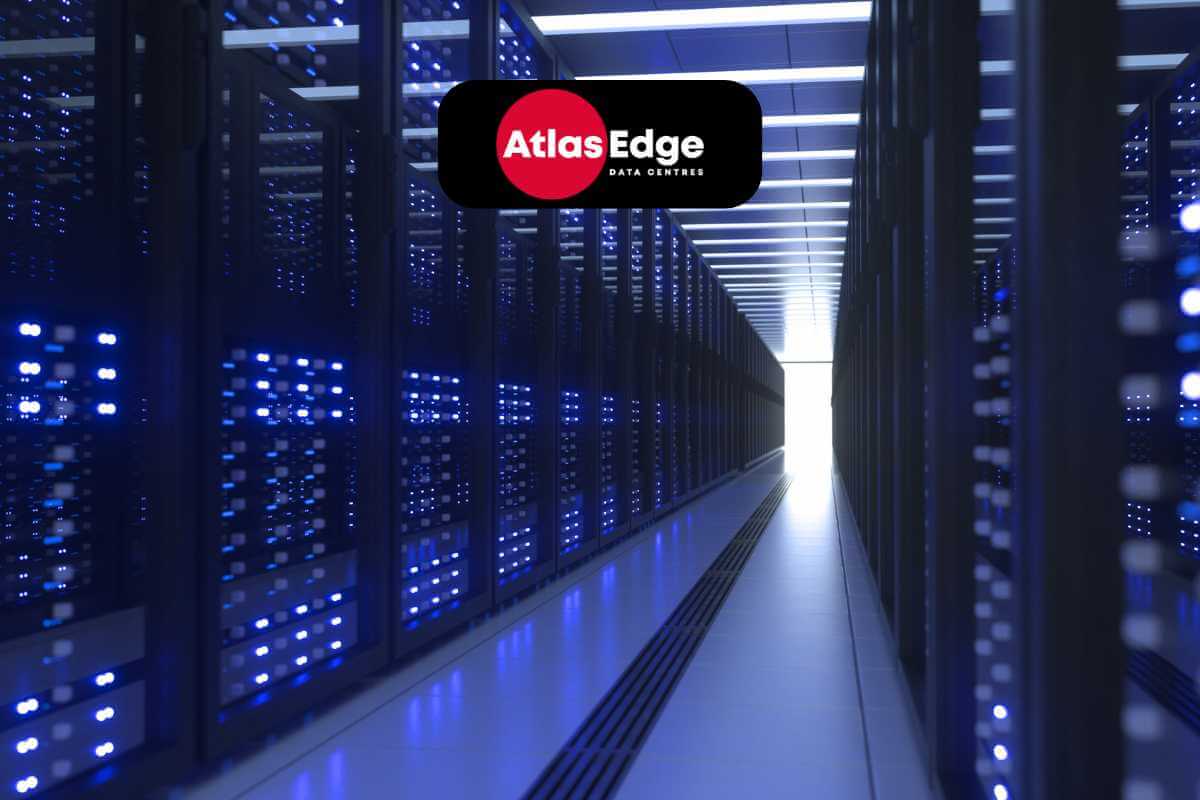 Server racks in data center, Atlas Edge branding visible.