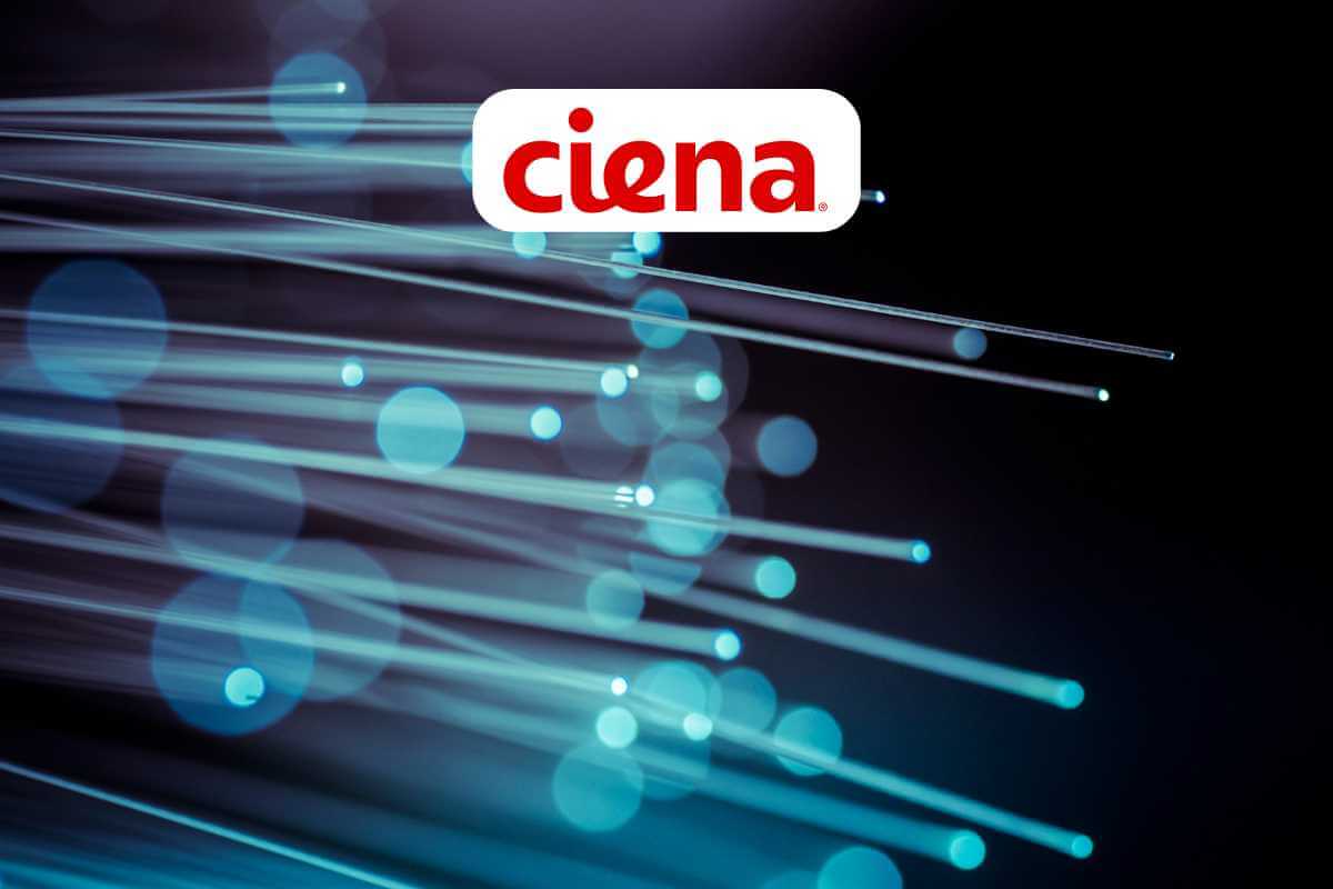Ciena logo with glowing fiber optic cables.
