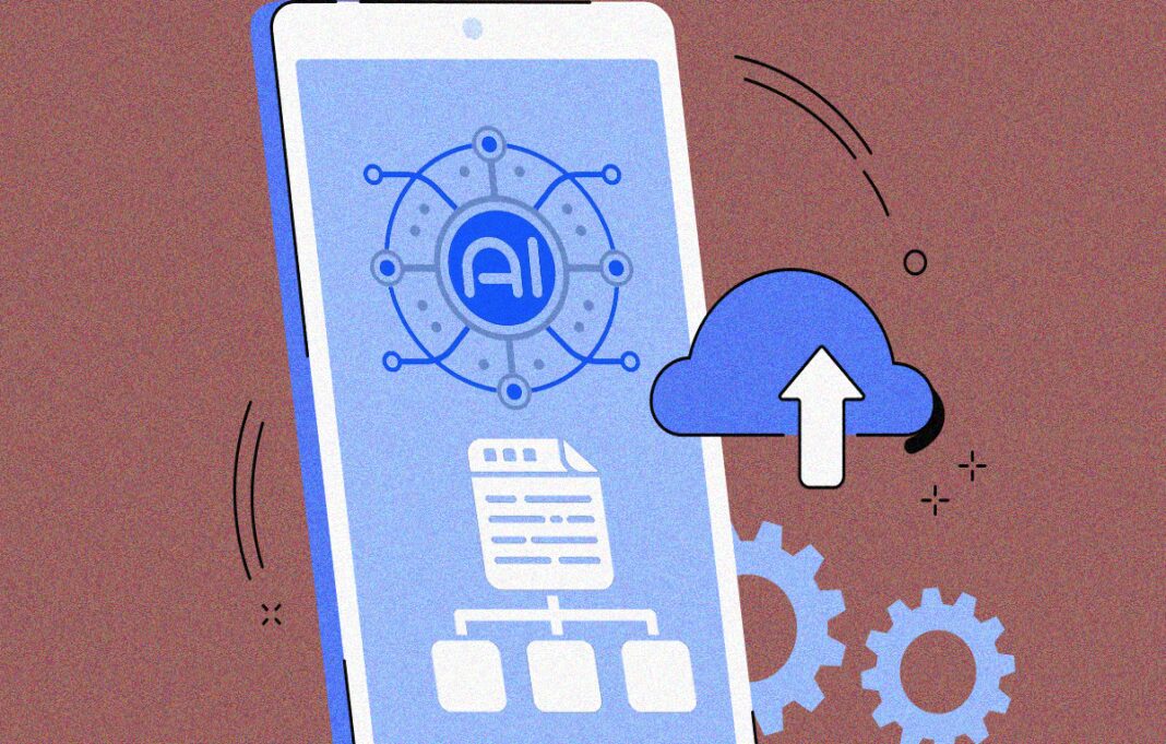Smartphone with AI and cloud upload icons