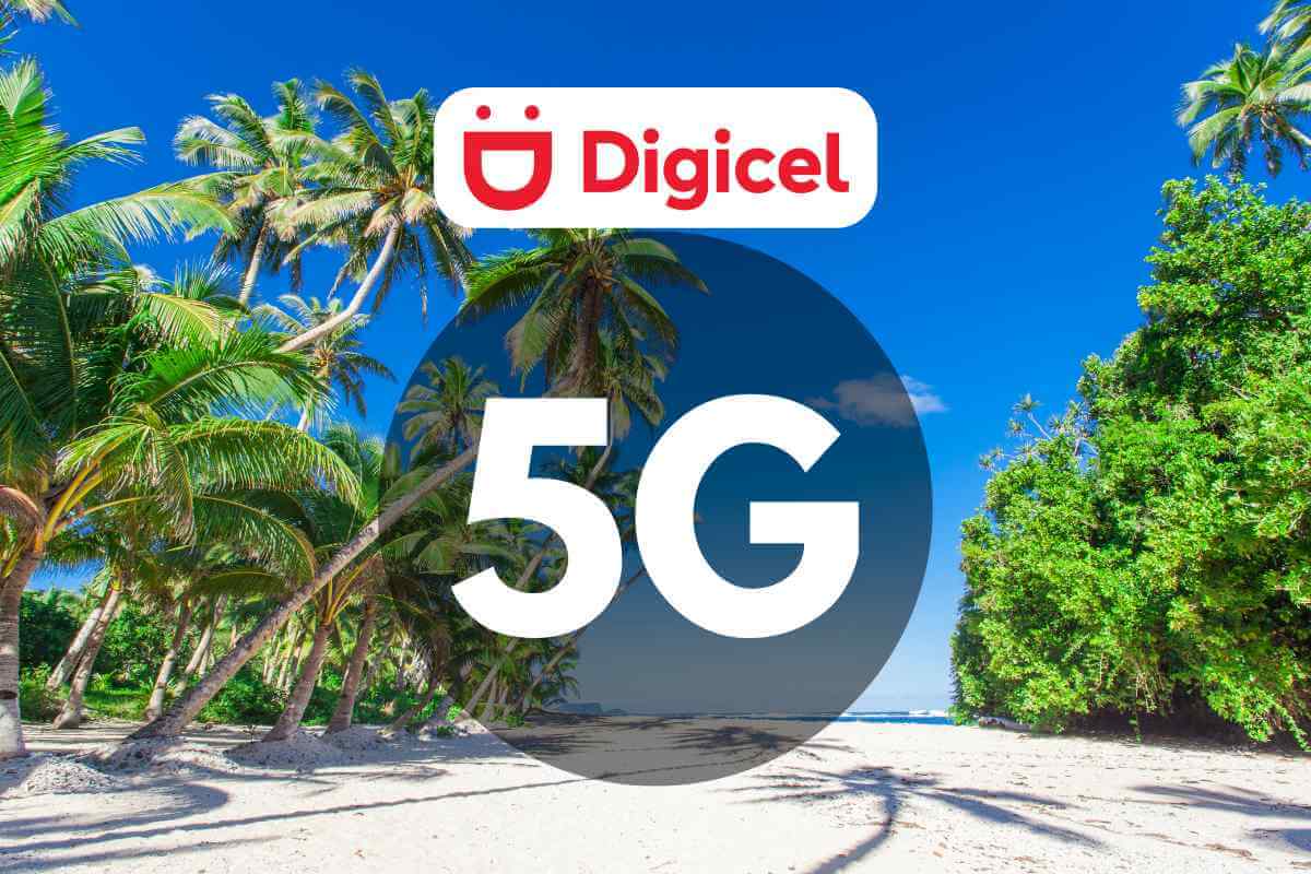 Digicel 5G network advertisement on tropical beach.
