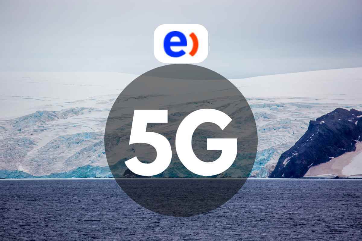5G technology icon over icy landscape background.