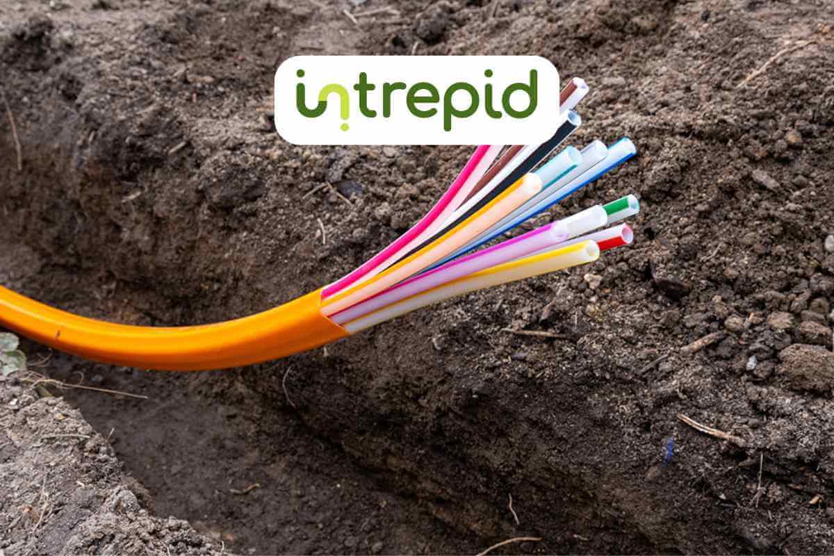Fiber optic cables emerging from ground with logo overlay.