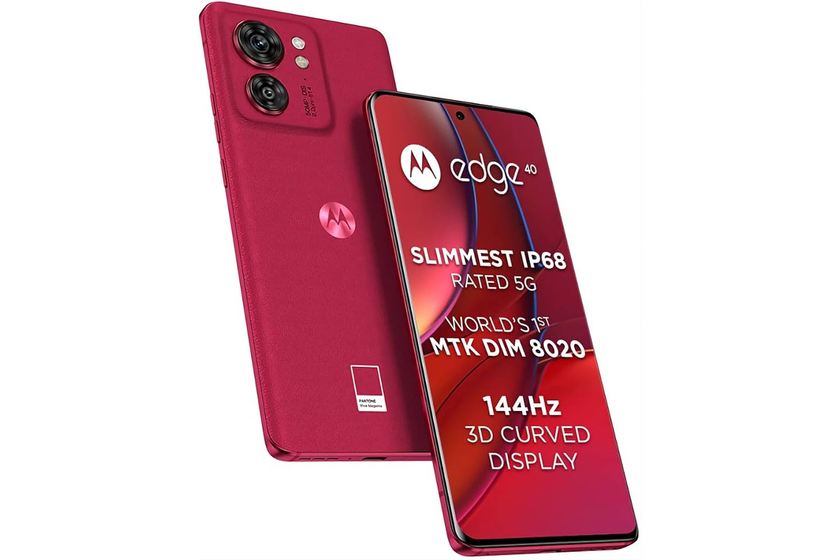 Red Motorola Edge smartphone with curved display.