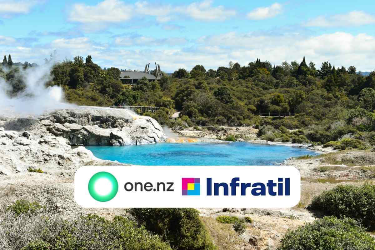 Scenic geothermal pool in New Zealand with company logos.