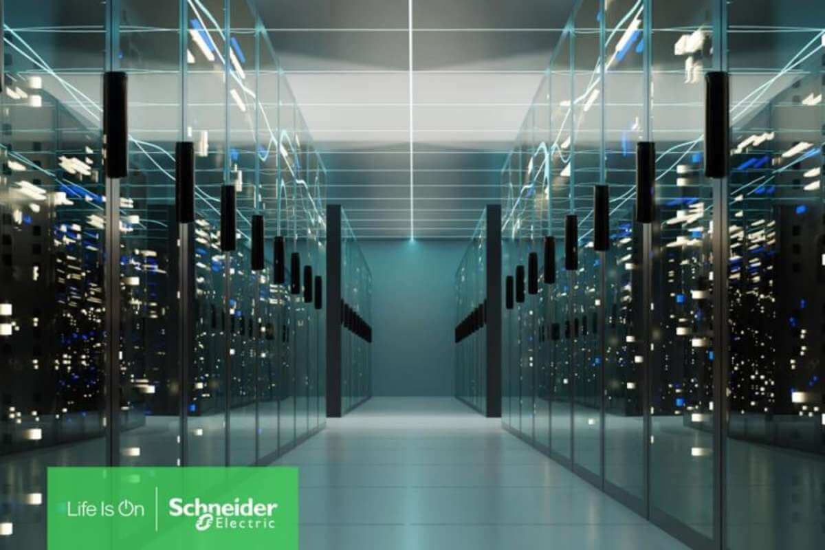 Modern data center server room with Schneider Electric branding.