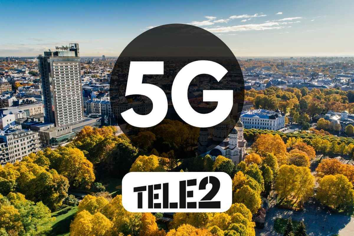 5G network advertisement over cityscape with autumn trees.