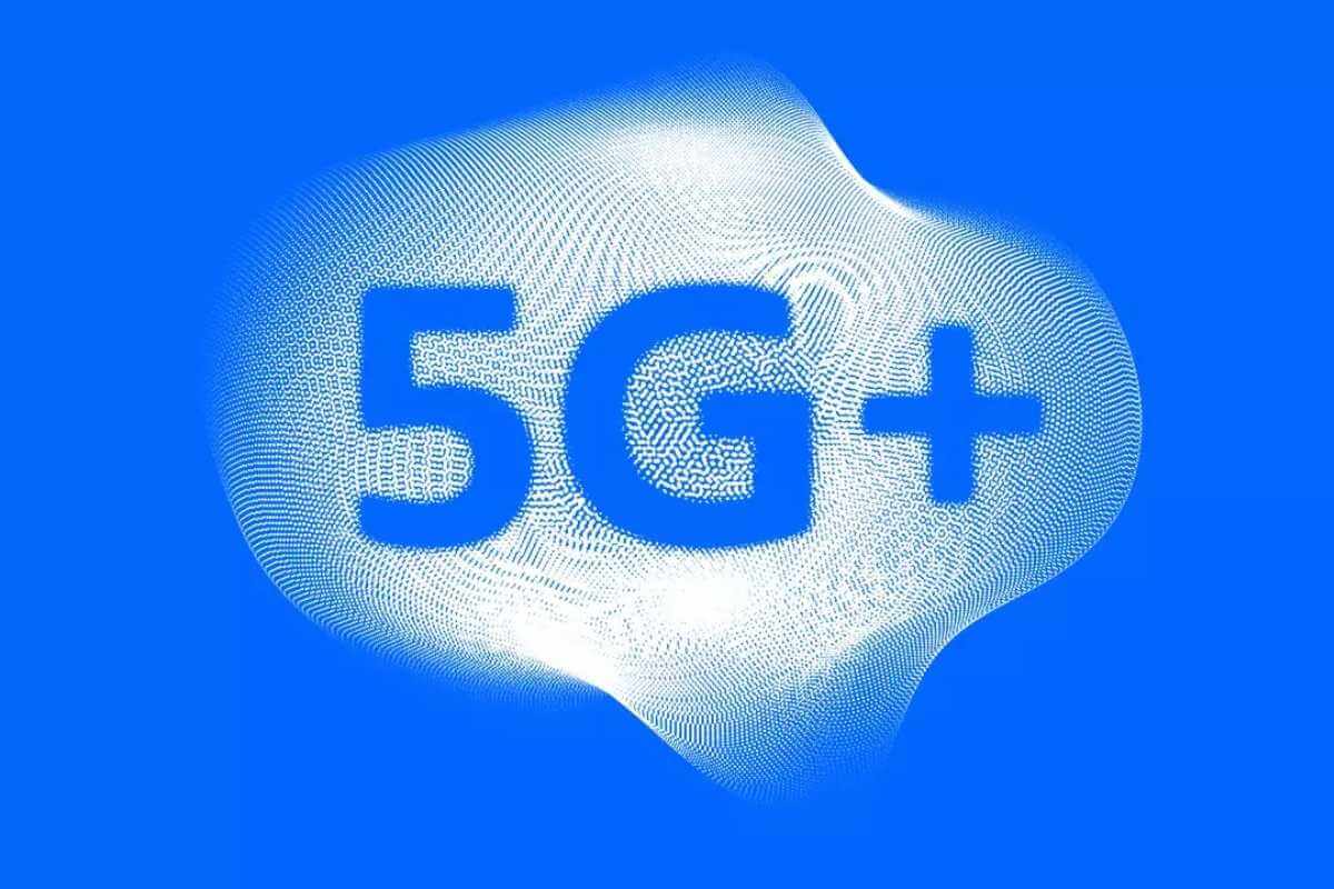 5G+ network technology concept illustration on blue background.