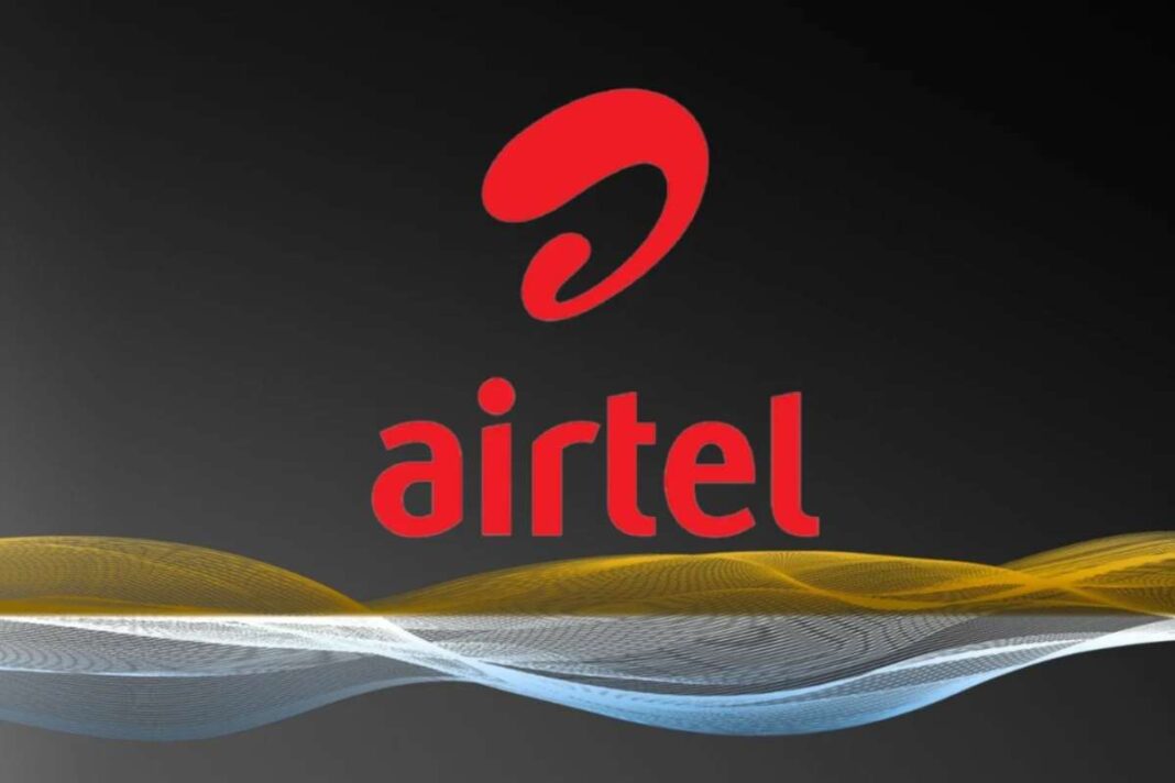 Airtel logo with dynamic colored waves on dark background.