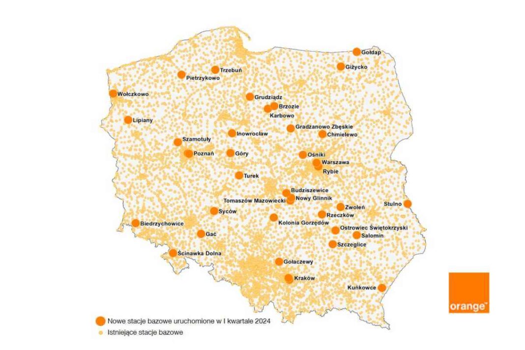 Map of Poland with cellular network coverage areas