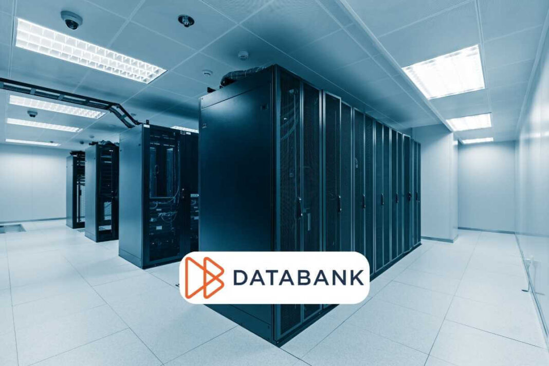 Modern data center room with servers and branding.