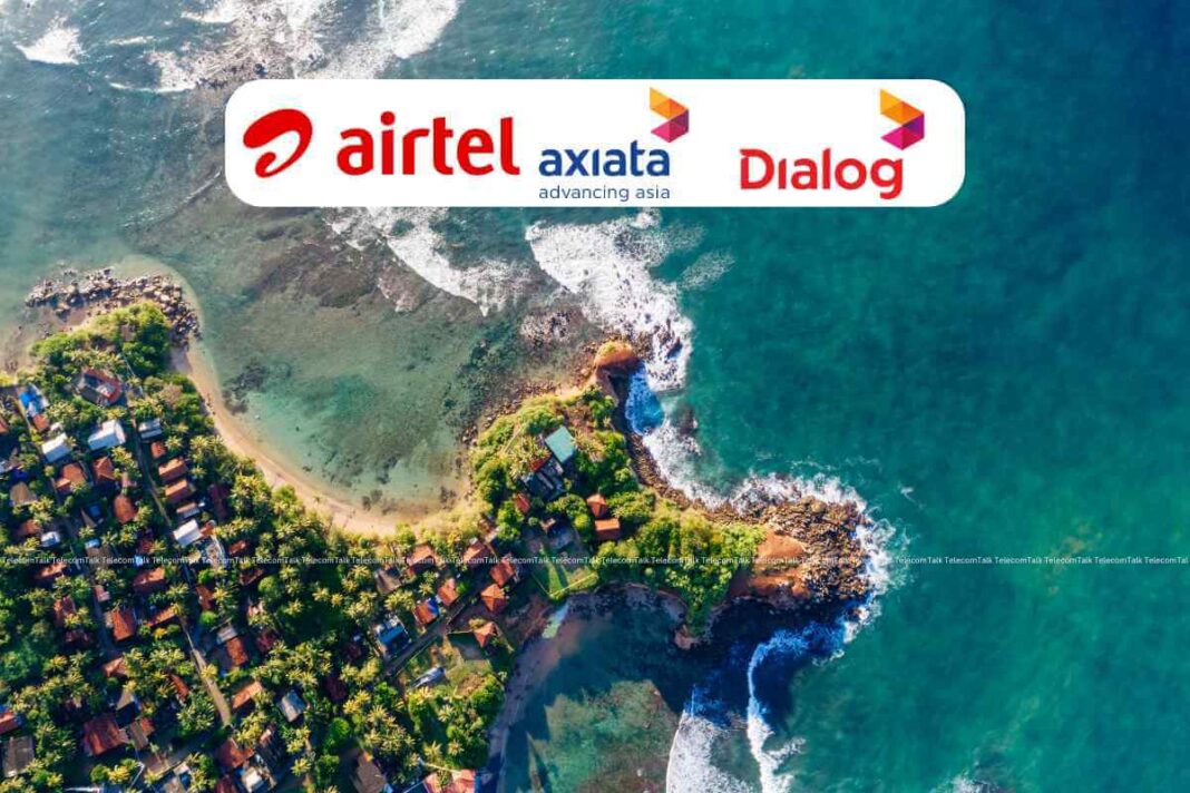 Aerial view of coastline with Airtel, Axiata, Dialog logos.