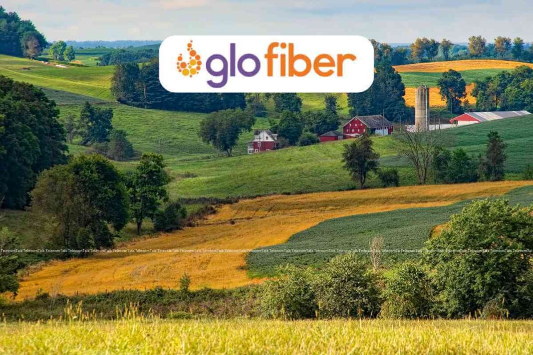 Rural landscape with GloFiber logo.