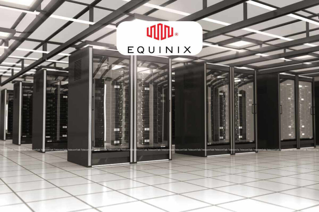 Modern data center server room with Equinix logo.