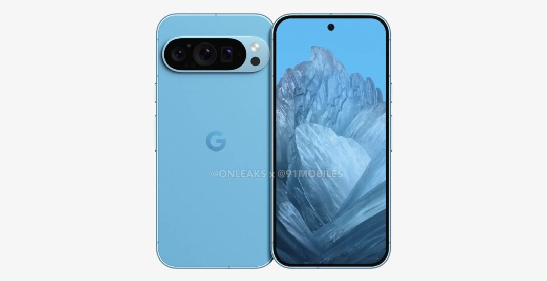 Blue smartphone with dual camera design.