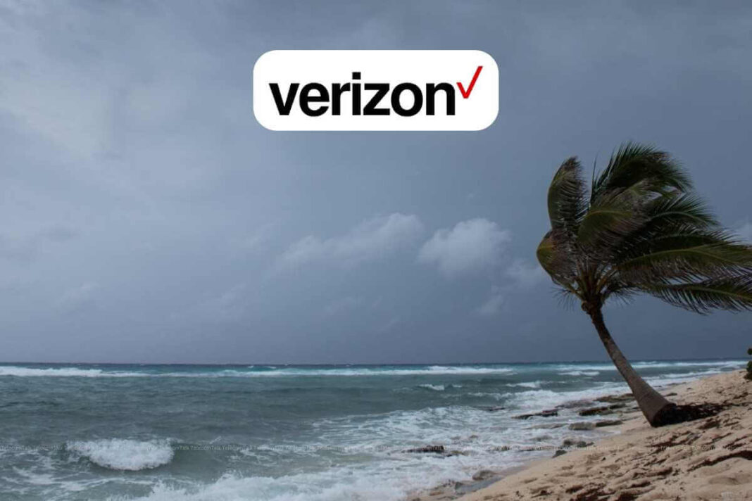 Stormy beach with Verizon logo and palm tree