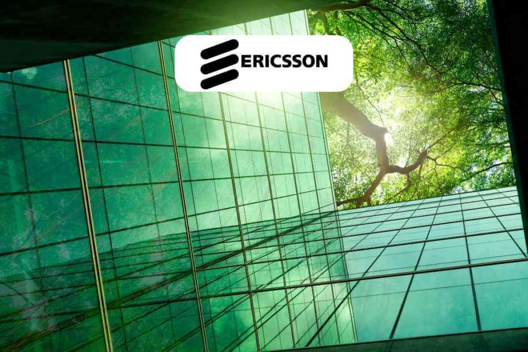 Reflective building facade with trees and company logo.
