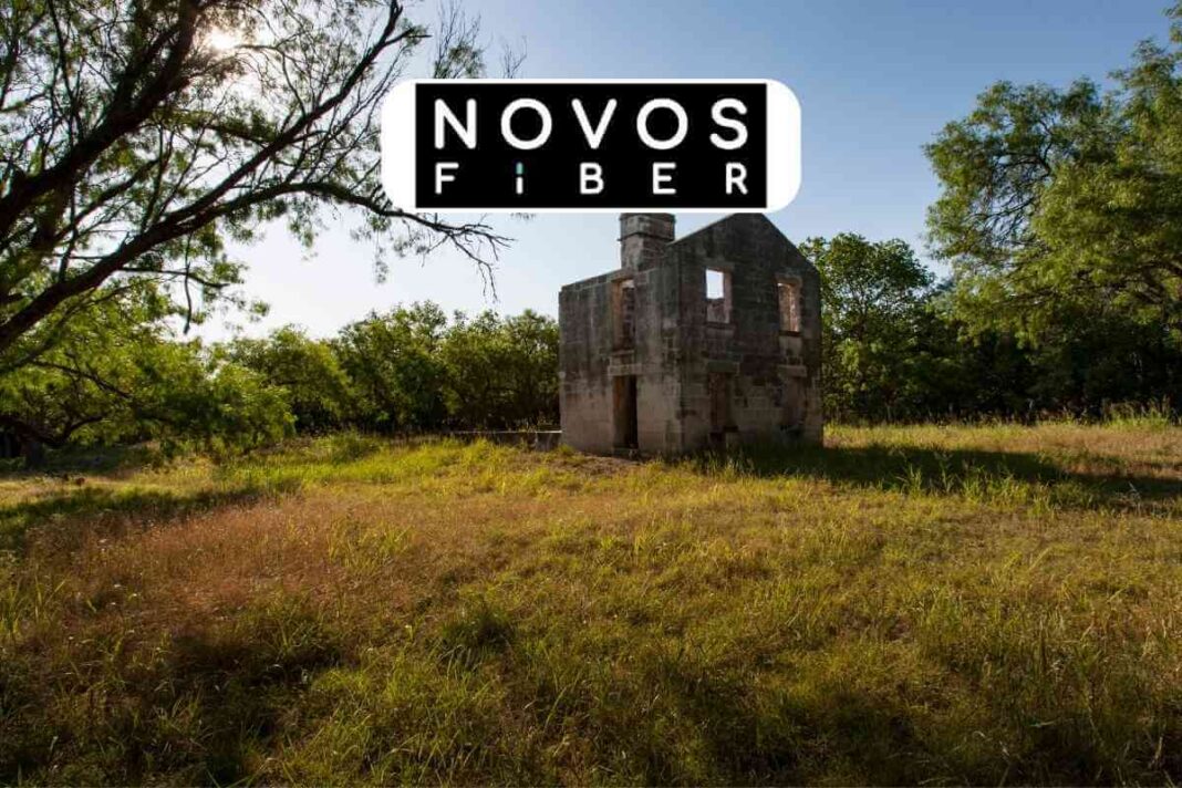Abandoned building ruins in overgrown field with logo overlay