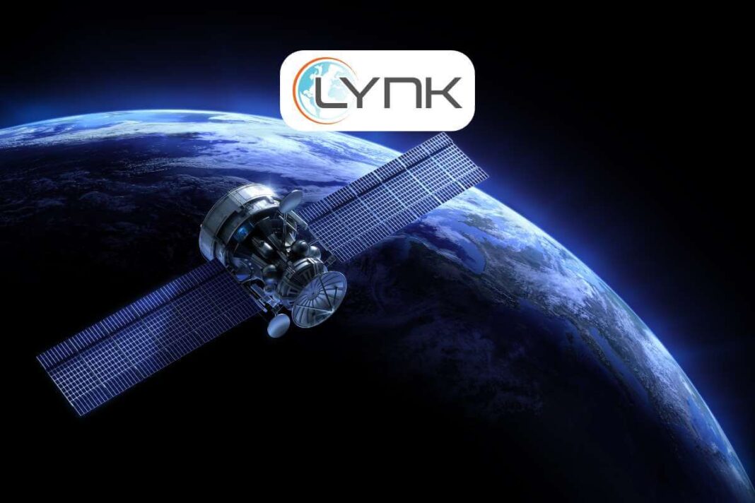 Satellite orbiting Earth with Lynk logo.