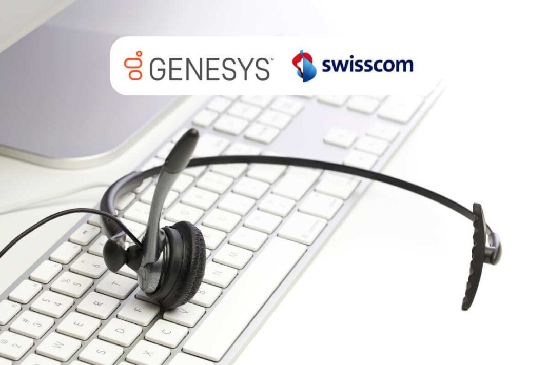 Headset on keyboard with Genesys and Swisscom logos.