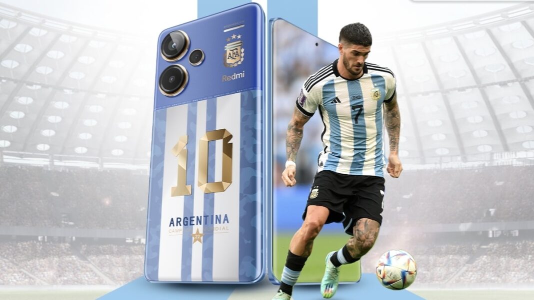 Argentina-themed smartphone and soccer player in action.