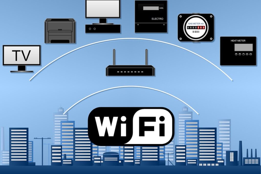 Illustration of various devices connected through Wi-Fi network.