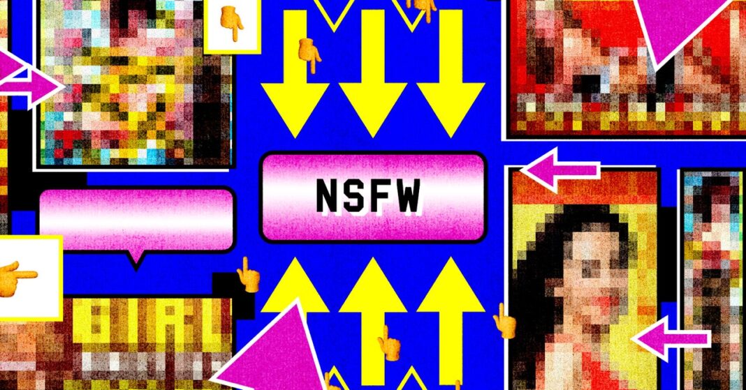 Abstract mosaic art with censored "NSFW" warning label.