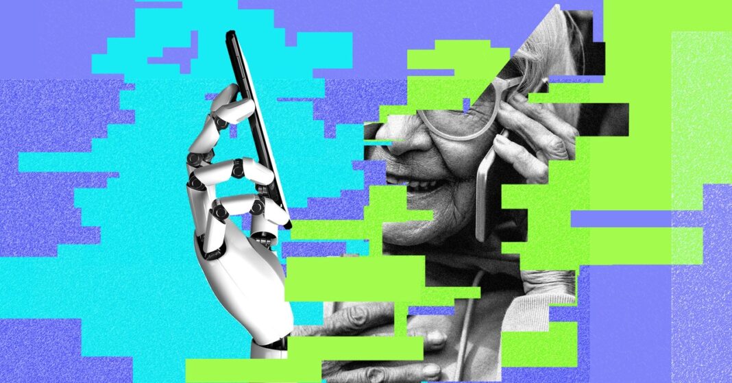 Collage of robot hand with smartphone and elderly woman.