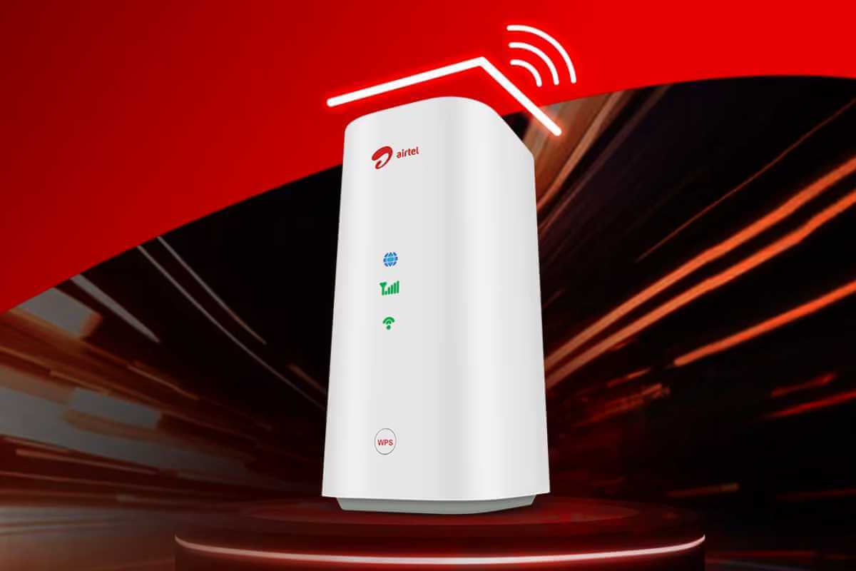 Airtel router with Wi-Fi signal on red background.