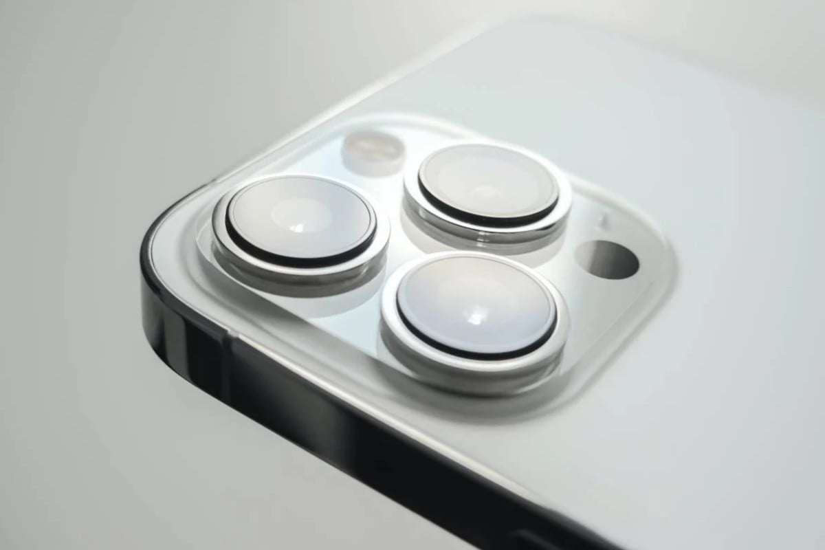 Close-up of smartphone triple camera system.