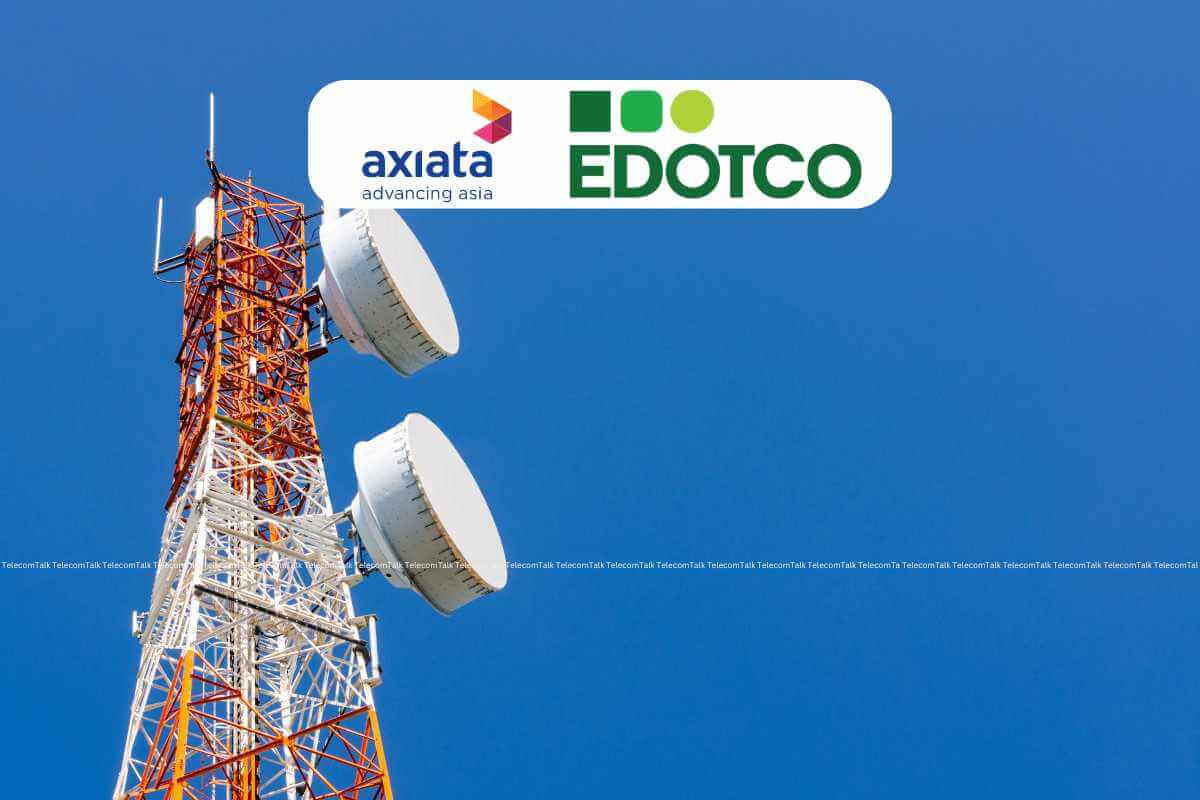 Communications tower with Axiata and edotco logos.