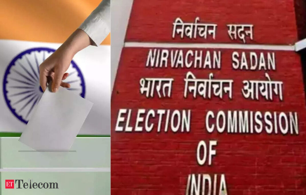 Person voting, Election Commission of India sign.
