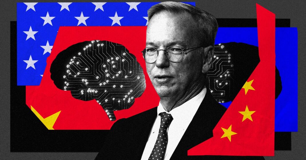 Illustration of AI technology, US and China flags.