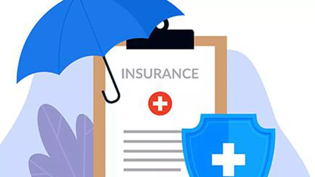 Illustration of health insurance concept with documents and shield.