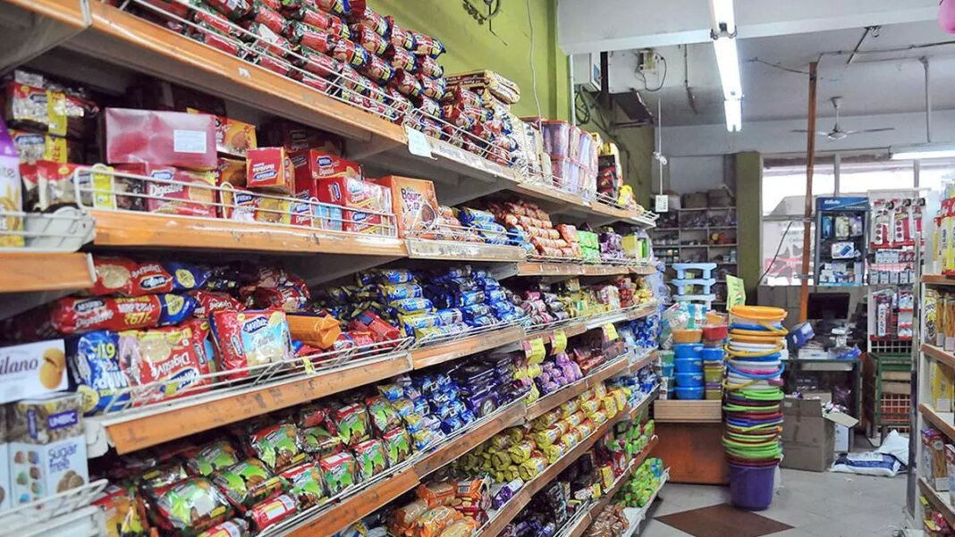 Grocery store aisle with various food products.