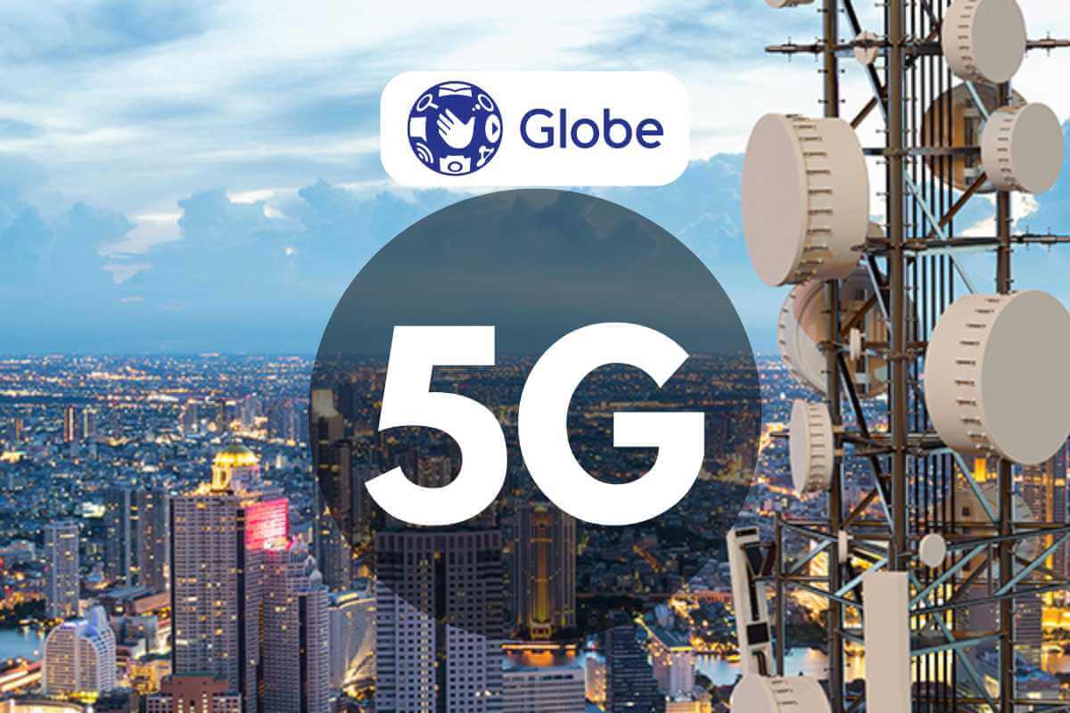 Cityscape with 5G cellular network technology promotion.