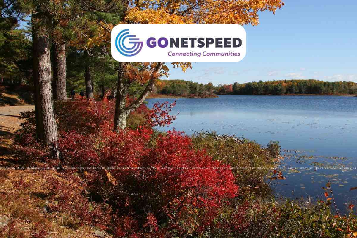 GoNetspeed logo over scenic autumn lake landscape.