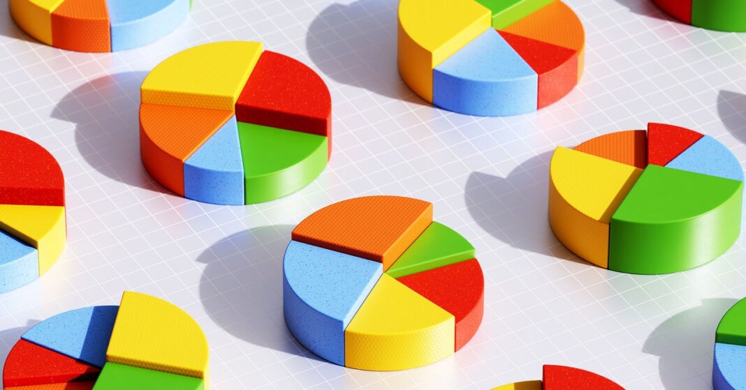 Colorful pie chart blocks on grid-background.