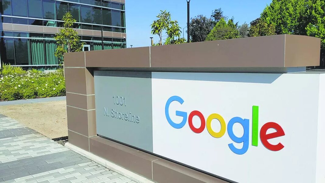 Google sign at corporate headquarters entrance.