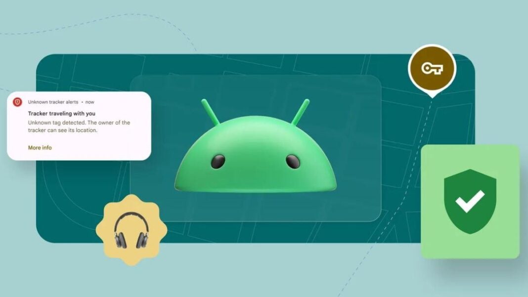 Android mascot with tracker alert notification.