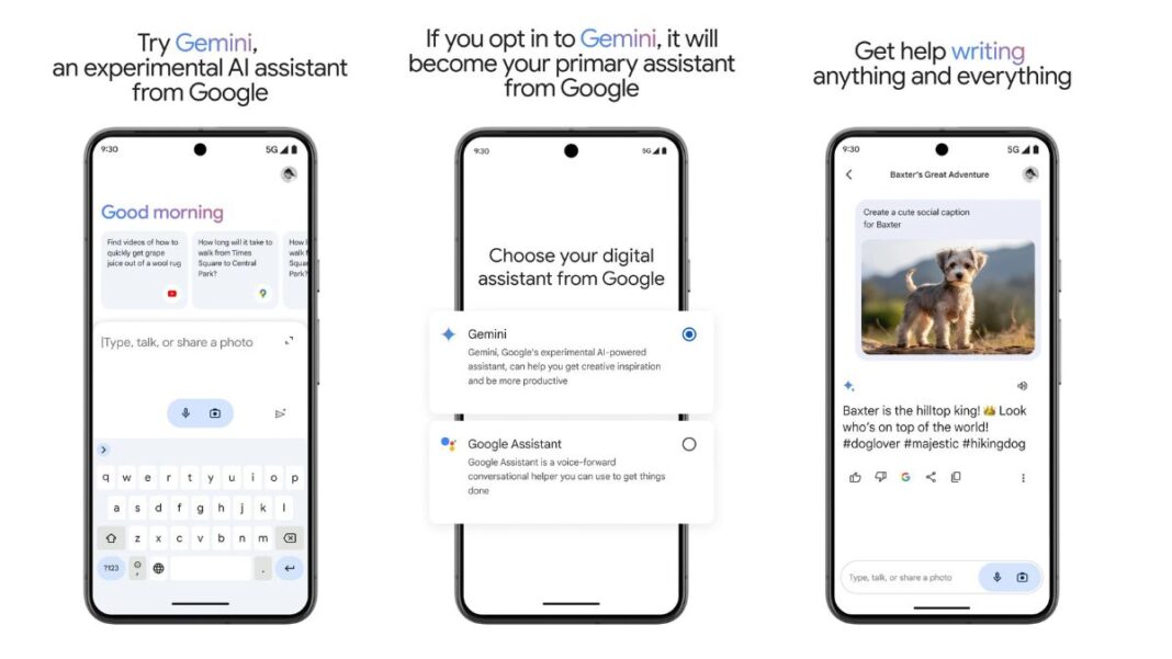 Smartphones showcasing Google's AI assistant Gemini features.