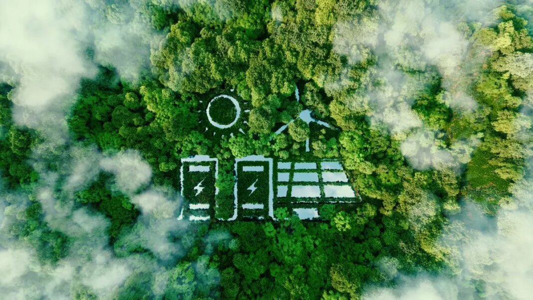 Aerial view of forest with eco-friendly energy symbols.