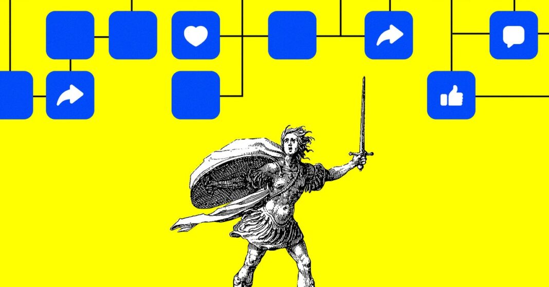 Illustrated warrior among social media icons on yellow background.