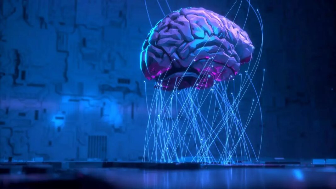 Illuminated digital brain with neural network animation.
