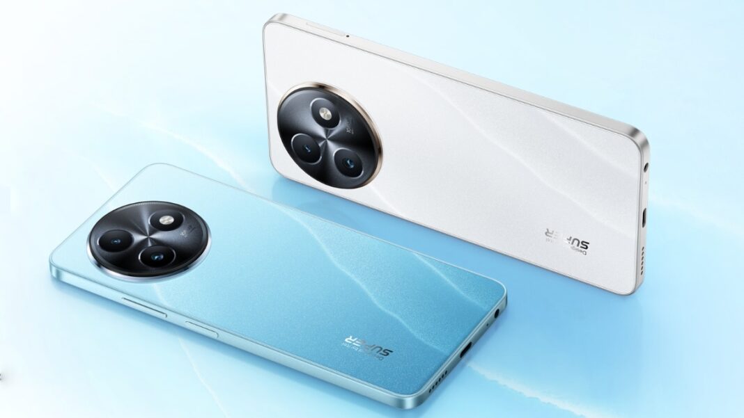 Blue and white smartphones with triple camera design.