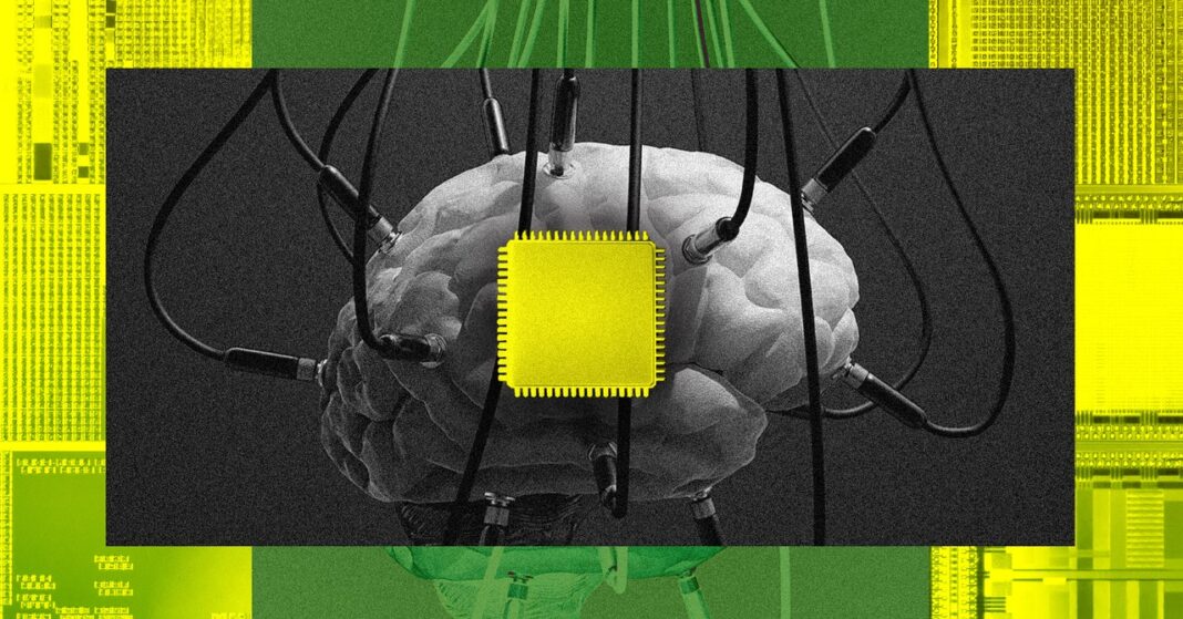 Artificial intelligence concept with brain and microchip.